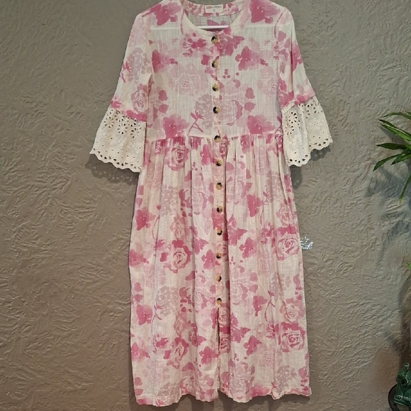 Bombay Pink Sundress with Bell Sleeves and Crew Neck Size S - Picture 2 of 6